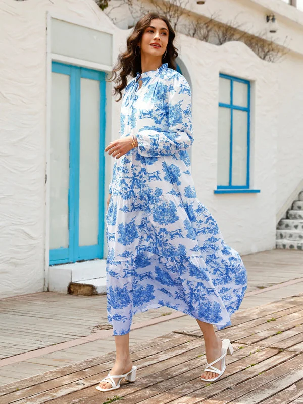 Blue Zone Planet | Print Ruffle Neck Long Sleeve Resort Dress