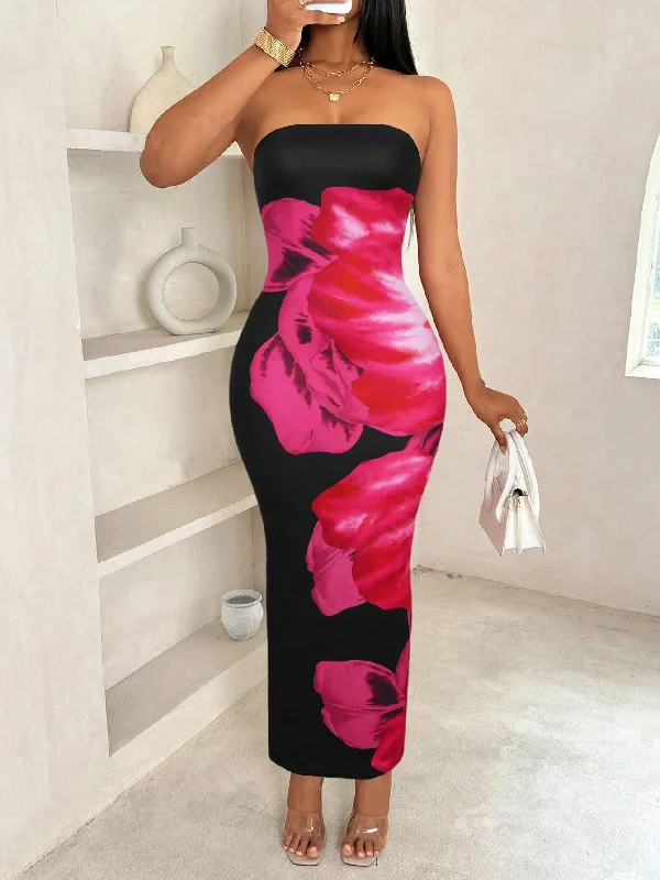 SLIM OFF SHOULDER CONTRAST COLOR FLORAL PRINTING ELEGANT FASHION DRESS