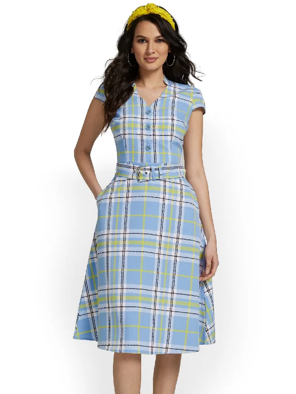 Plaid Cap-Sleeve Flare Dress - Premium Stretch