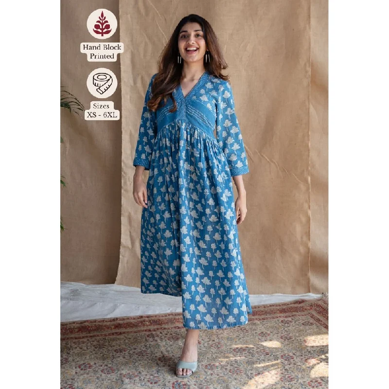 The Indian Ethnic Co. Blue A-Line Dabu Printed Slub Cotton Dress
