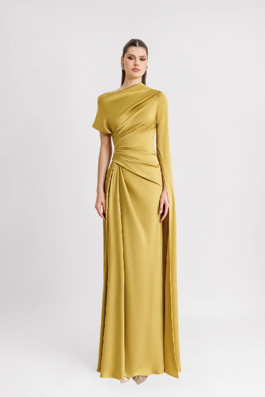 Asymmetrical Neckline yellow cape sleeve Dress