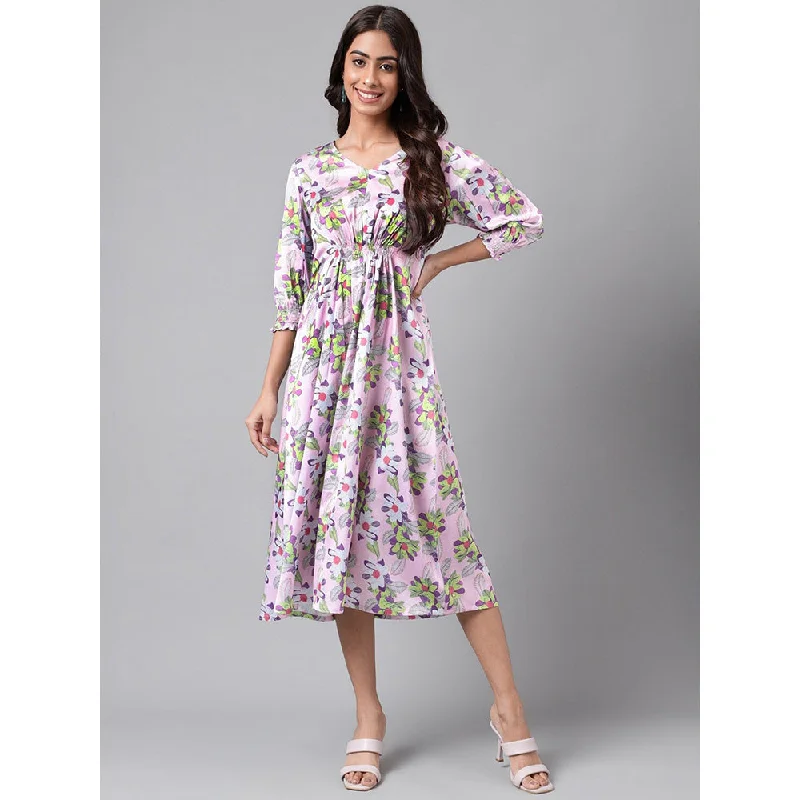 Janasya Womens Lavender Satin Digital Floral Printed A-line Dress