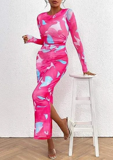 FLORAL PRINT TIGHT PLEATED SEXY WOMEN S DRESS