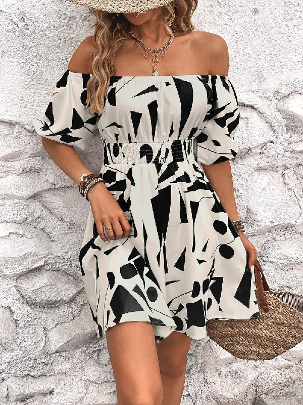 Printed Off-Shoulder Smocked Waist Dress