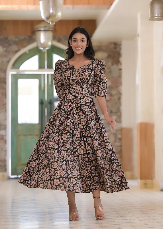 Black Floral Hand Block Cotton Dress