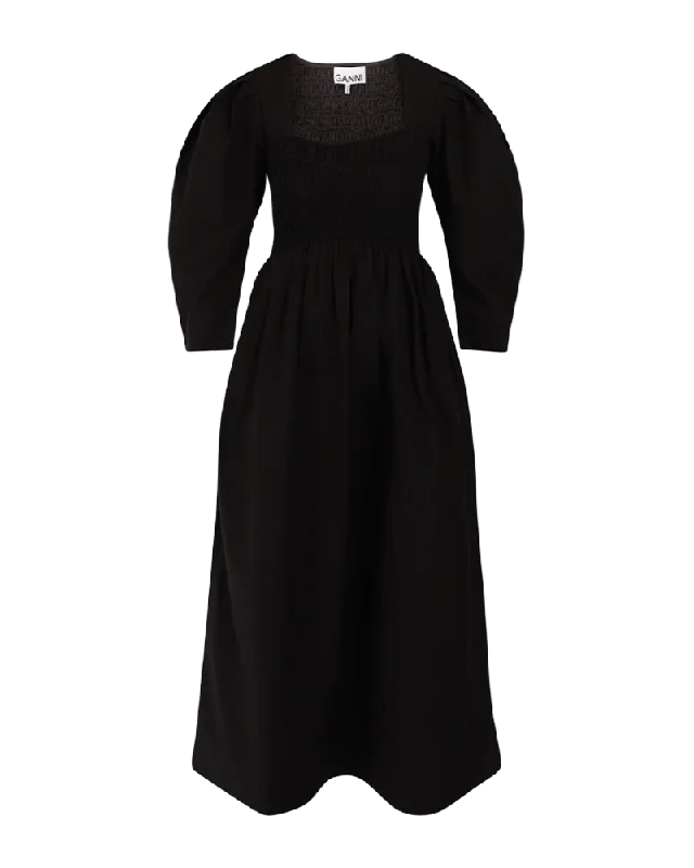 Cotton Poplin Open-neck Smock Long Dress