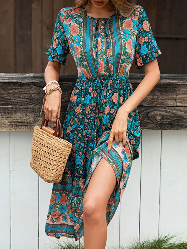 Blue Zone Planet |  Bohemian Print Button Tie Knee-Length Dress