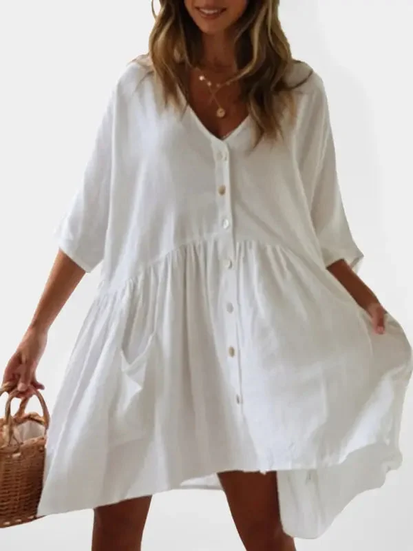 Blue Zone Planet | Loose Button Rayon Slub Dress Beach Cover Up Holiday Dress