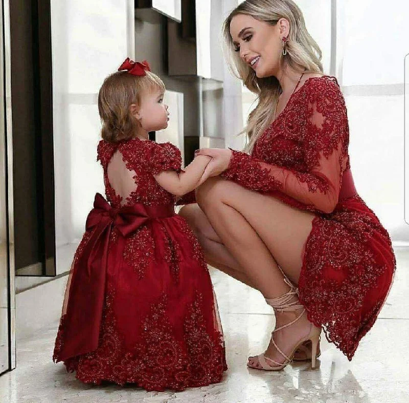 Flower Girls Dress Short Mother Of The Bride Dresses 2020 Beaded Formal Evening Party Gowns Long Sleeves Mother Daughter Dresses
