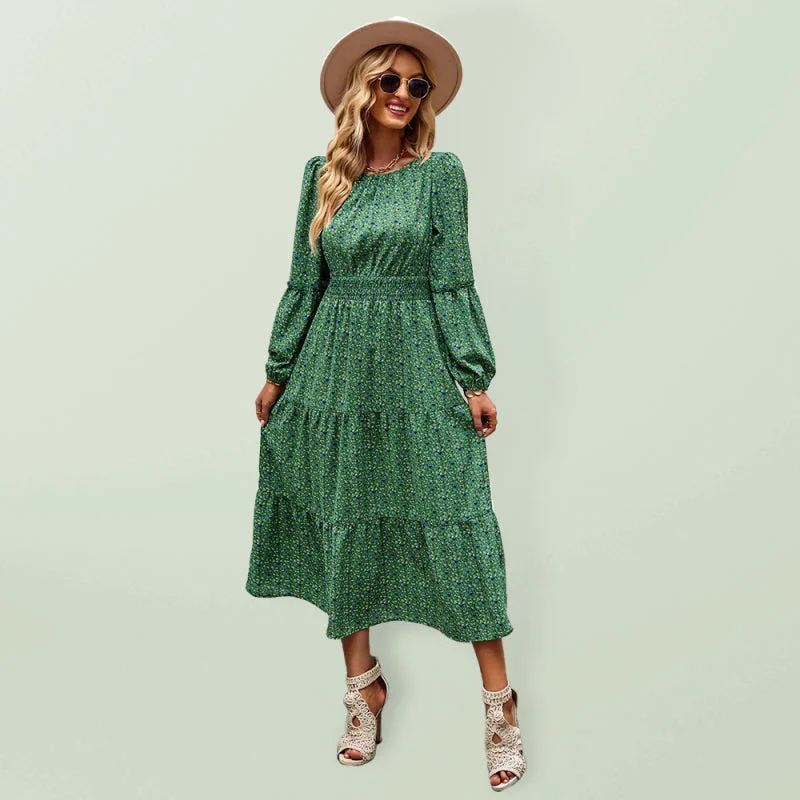 Blue Zone Planet |  Crew Neck Long Sleeve Boho Print Dress