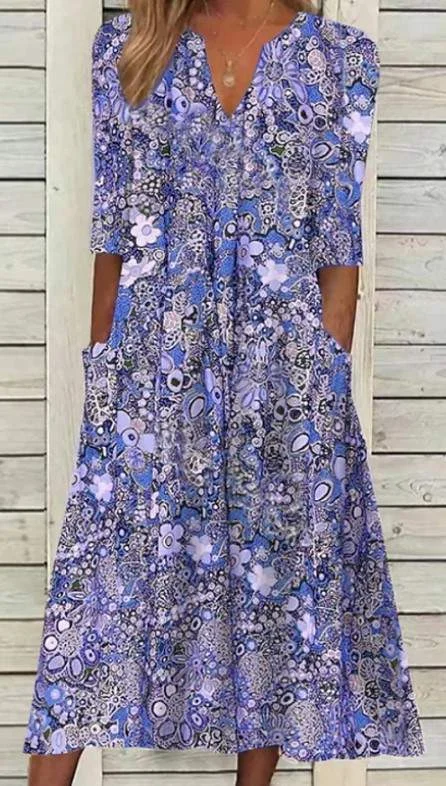 V NECK CASUAL VACATION POCKET DRESS HOME WEAR EXPORT WOMEN