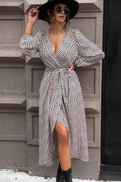 Blue Zone Planet |  Slit Printed Surplice Balloon Sleeve Dress