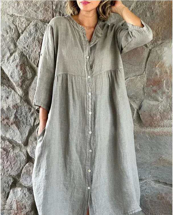 BASIC COLLARED BUTTON DOWN PLEATED DRESS