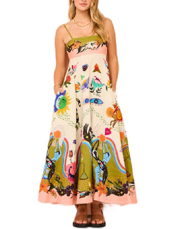 Blue Zone Planet |  Women's New Sexy Cotton and Linen Suspender Graffiti Print Sleeveless Swing Dress
