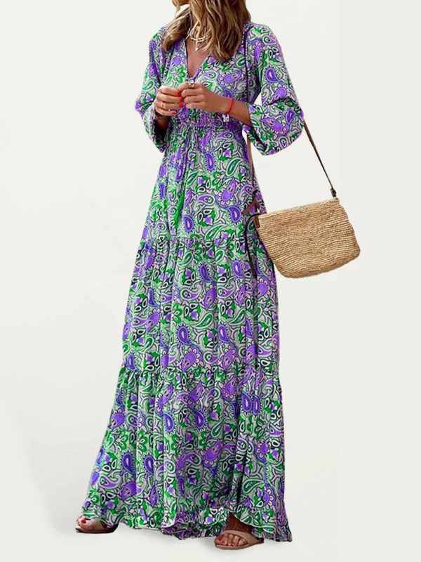 Blue Zone Planet |  Sophia's Bohemian Print V-Neck Swing Dress