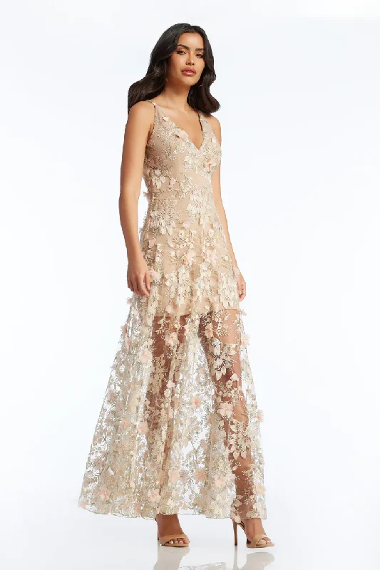 Sidney Fitted Bodice V-Neckline Gown Pink Floral - Dress The Population