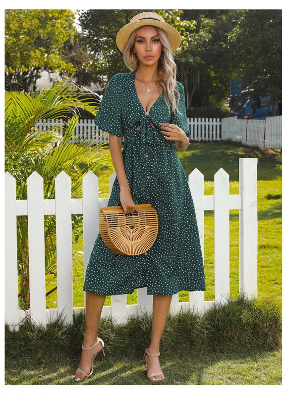 Blue Zone Planet | Polka-dot deep v-neck hollow short-sleeved bow dress