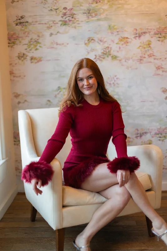Fran Dress | Cranberry Rib With Faux Fur
