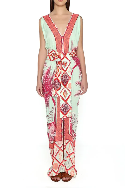 Hand Beaded Ocean Kaftan Dress | Coral and Celadon Palm Panel