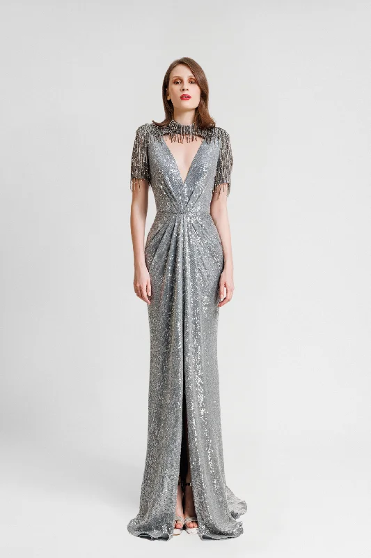 Embroidered Sequins V-Neck Dress