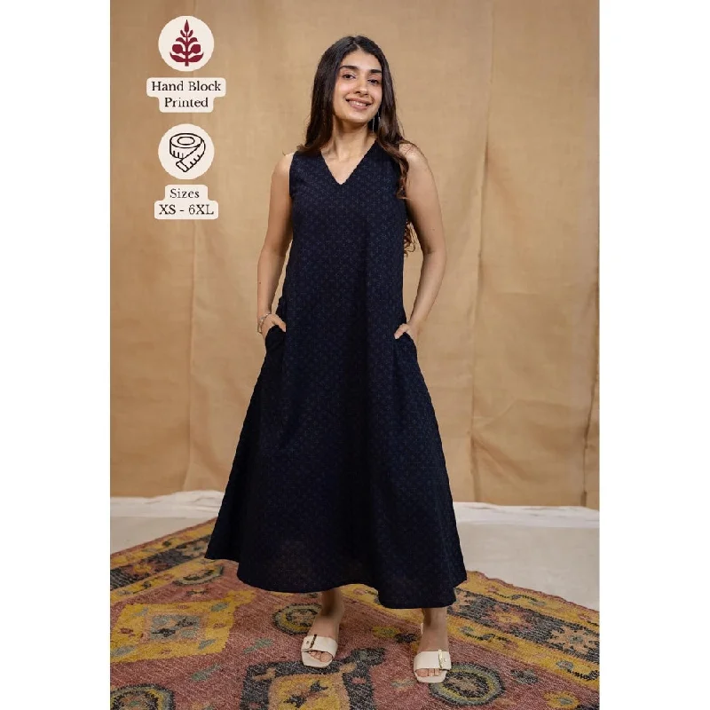 The Indian Ethnic Co. Blue A-Line Ajrakh Cotton Hand Block Printed Dress
