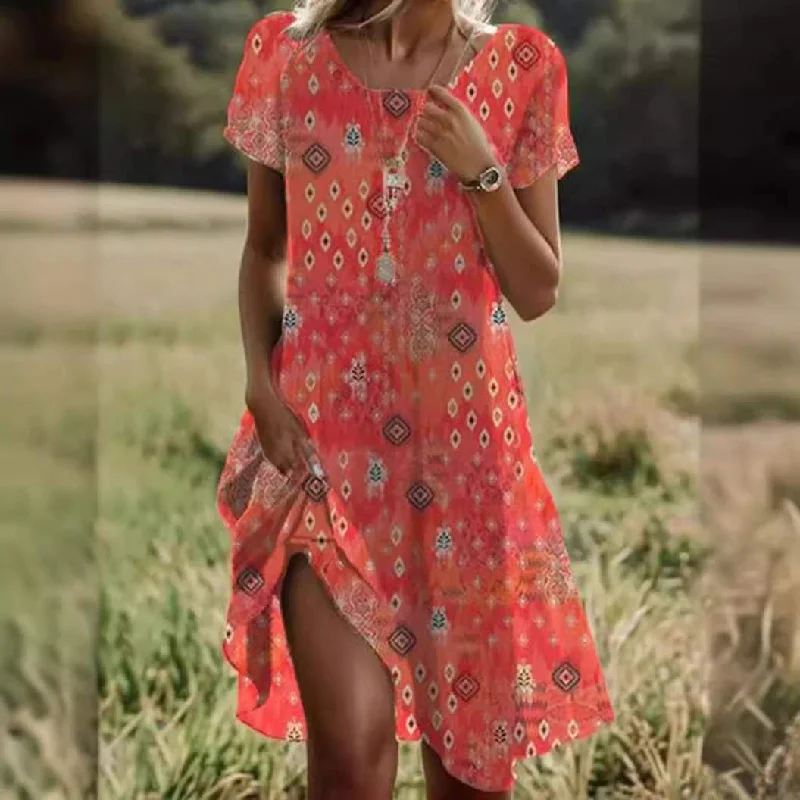 HOT STYLE LITERARY ETHNIC STYLE LARGE ROUND NECK MID LENGTH DRESS