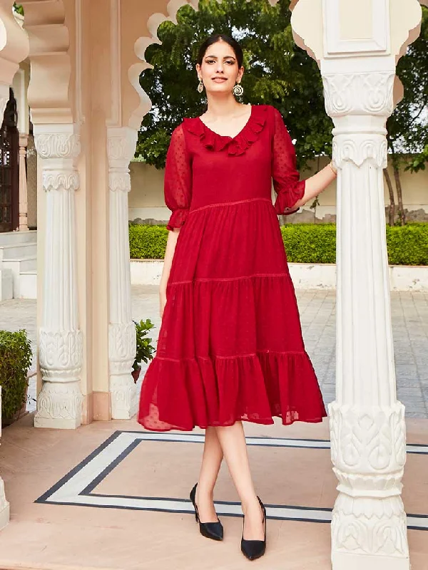 Maroon Color Polka Self Weave Georgette Tiered Lace Inserted Dress