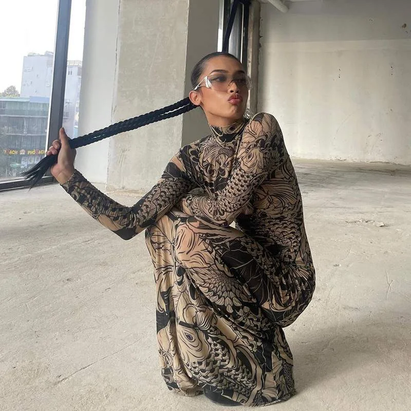 PERSONALITY MESH PRINTING PERSPECTIVE TURTLENECK SLIM SLIMMING DRESS