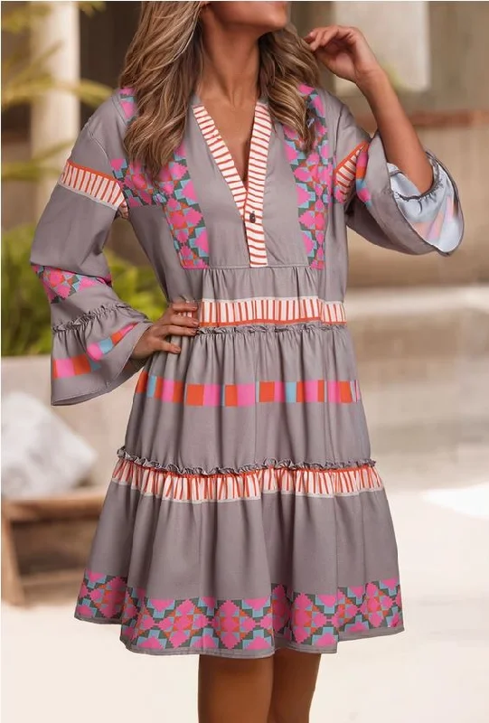 Taupe Aztec Print Button Ruffle Dress