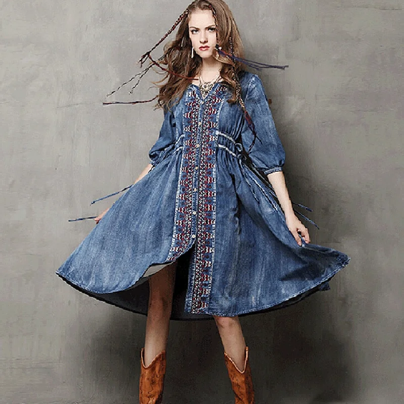 Boho Blue Denim Embroidered Dress