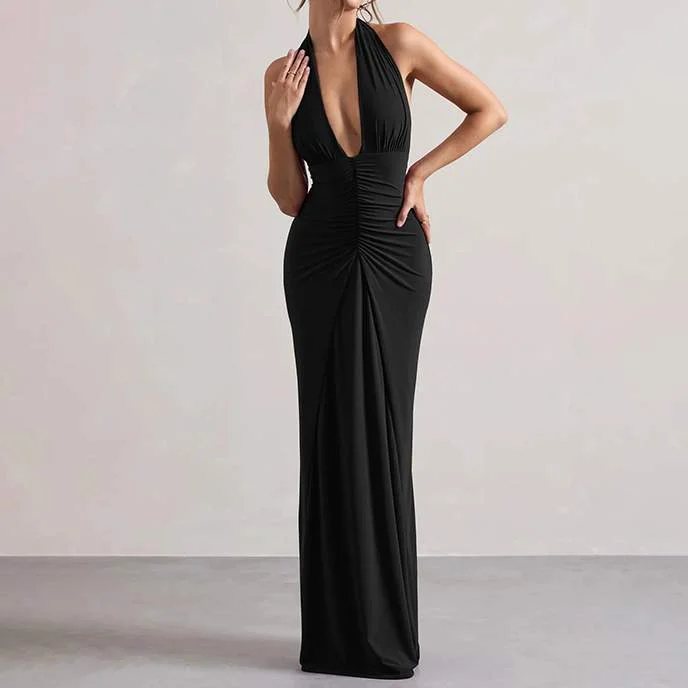 TEMPERAMENT SLIM FIT HANGING NECK V NECK PLEATED SLIMMING BASIC DRESS
