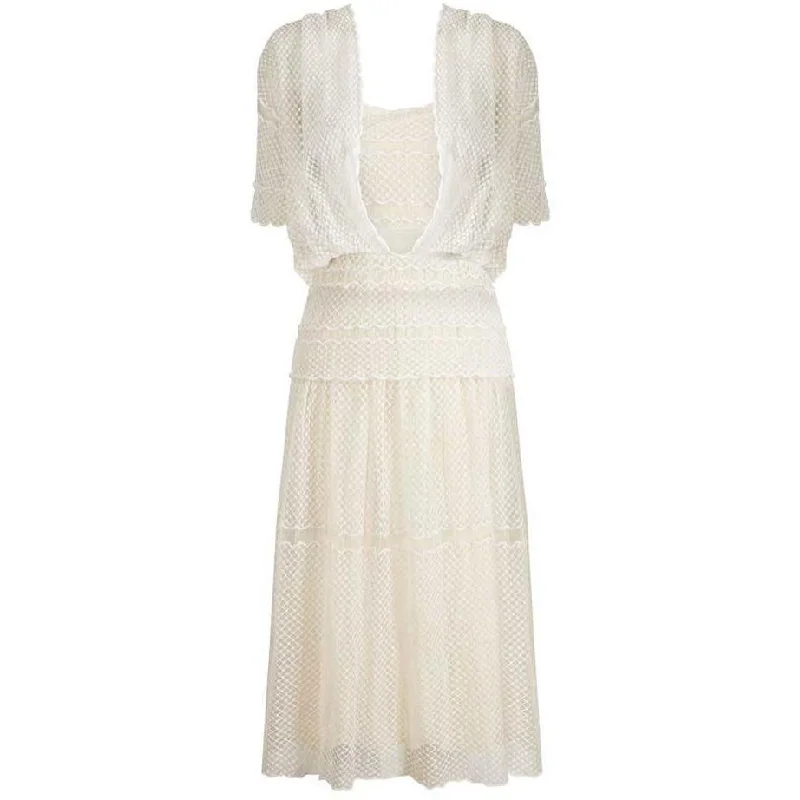 1970s Frank Usher Cream Ivory Lace Dress With Matching Bolero