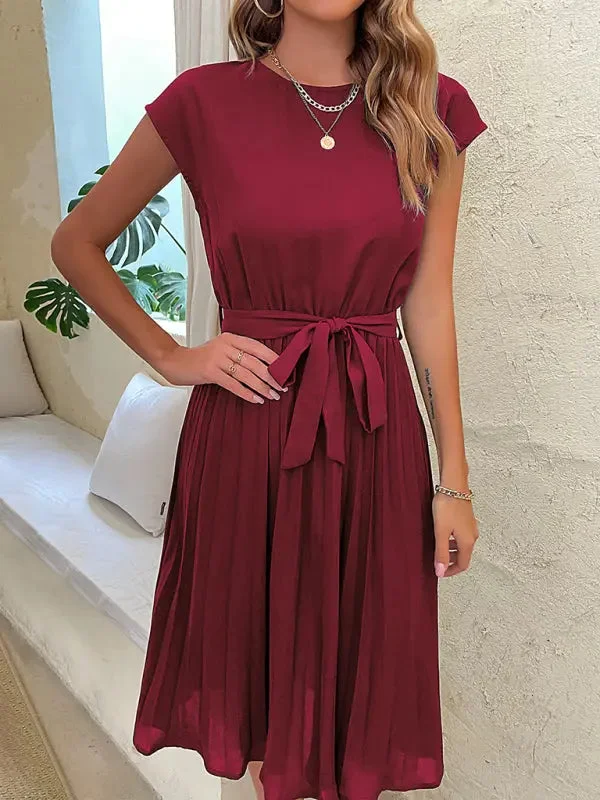 Blue Zone Planet |  Emma's Woven Round Neck Pleated Knee-Length Dress