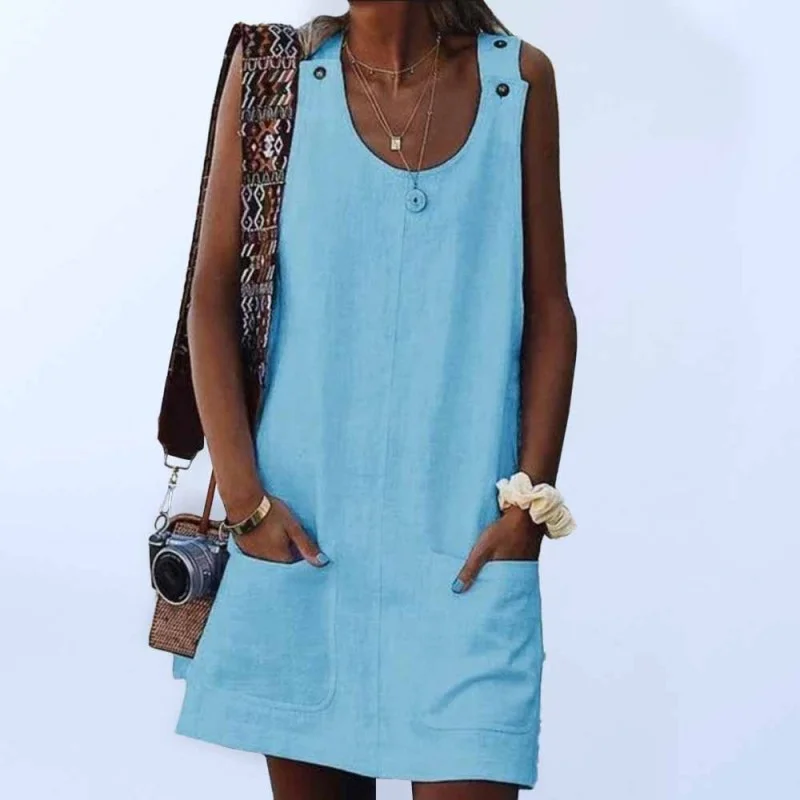 Blue Zone Planet |  Ladies Pocket Button Cotton Linen Spaghetti Strap Dress