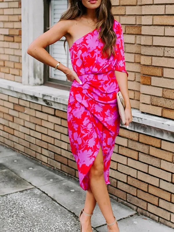 Blue Zone Planet |  Slant Neck Off Shoulder Chiffon Print Dress