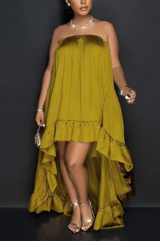 SATIN RUFFLE LONG DRESS