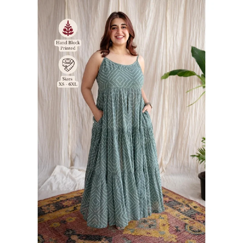The Indian Ethnic Co. Green A-Line Batik Hand Block Mul Dress With Attached Lining