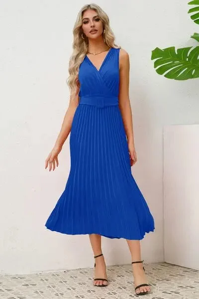 Blue Zone Planet |  Surplice Sleeveless Midi Pleated Dress