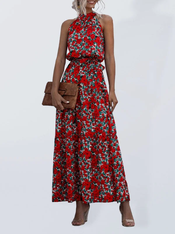 Blue Zone Planet |  New polka dot print halter neck tie dress dress