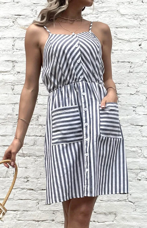 Blue Zone Planet |  Women's Slip Dress Grey Striped Cotton Linen Dress