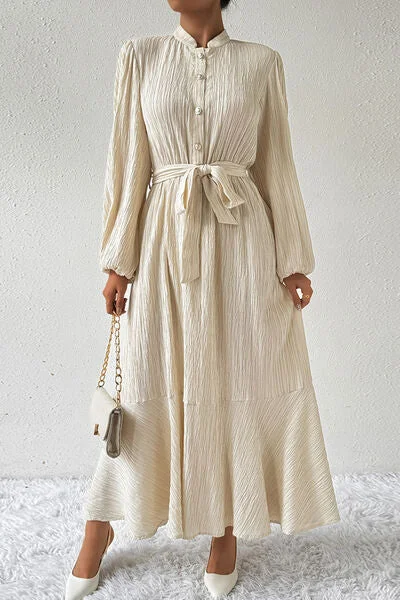 Blue Zone Planet |  Tied Button Up Balloon Sleeve Dress
