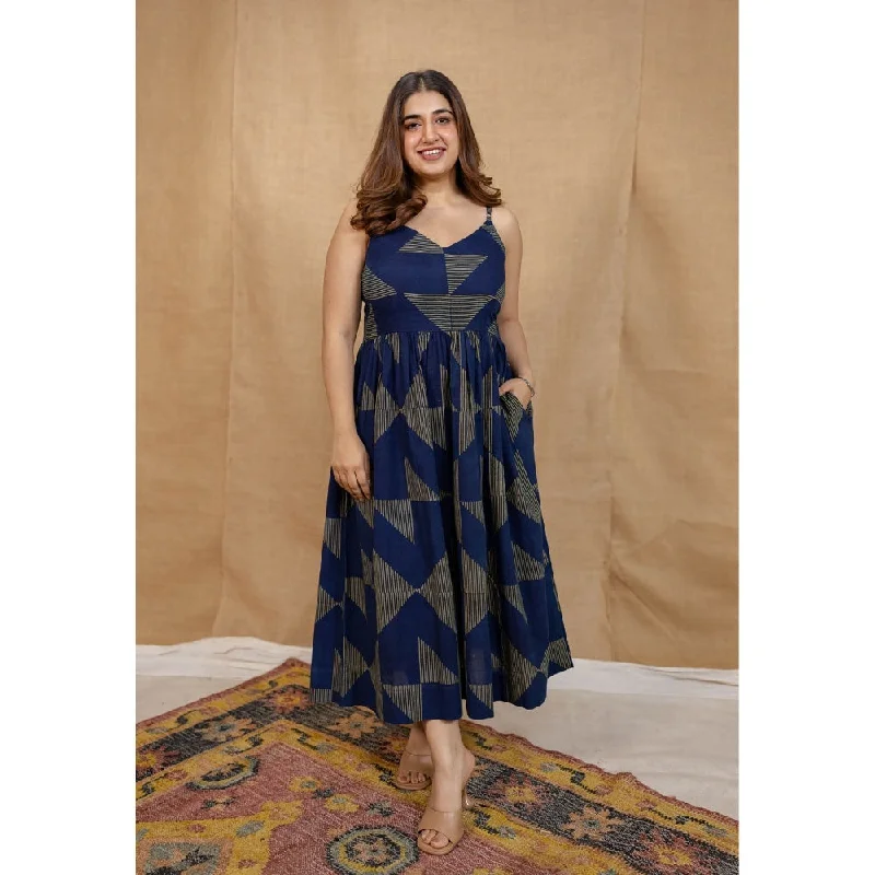 The Indian Ethnic Co. Indigo A-Line Ajrakh Printed Cotton Dress With V Neck