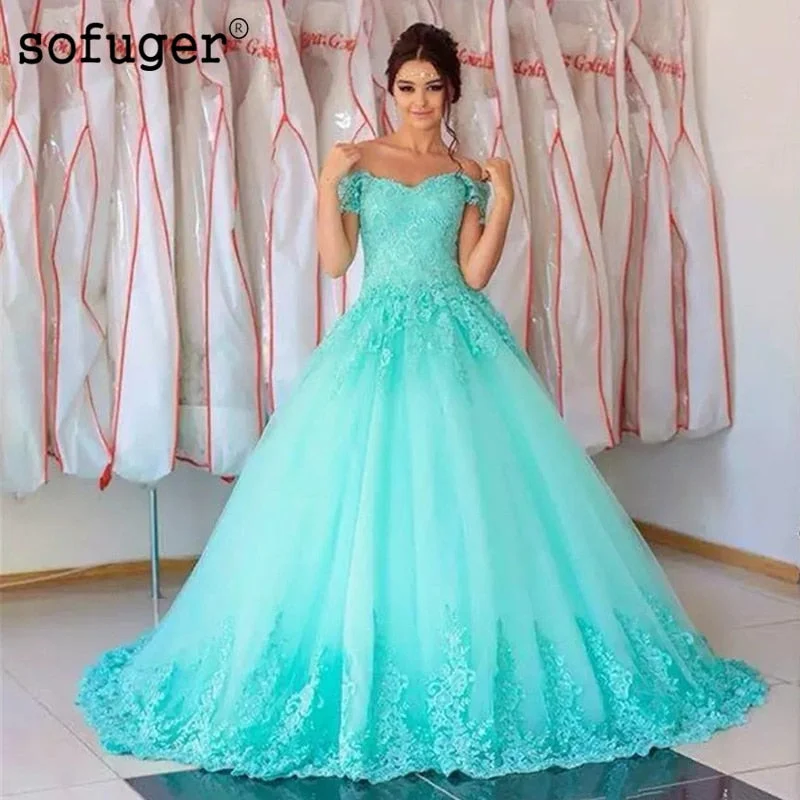 Sky Blue Sofuge Tulle Off The Shoulder Appliques Ball Gown Puffy Pleat Quinceanera Dresses Debutante Vestido 15 Anos Festa
