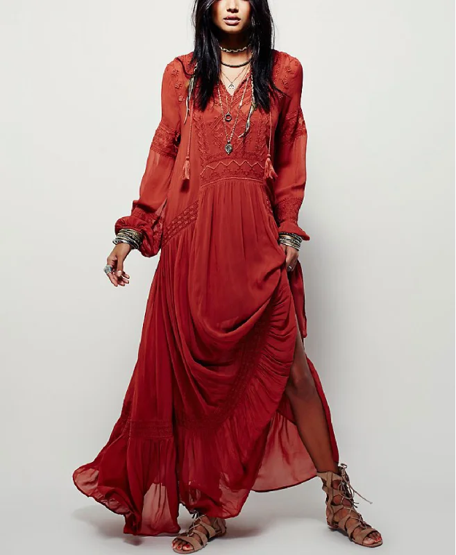 Shyla Boho Cotton Long Sleeve Red Dress