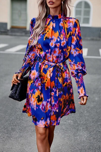 Blue Zone Planet |  Printed Tie Waist Mock Neck Lantern Sleeve Dress