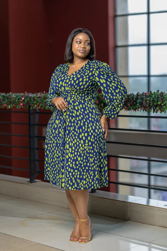 Navy Green Polka Long Sleeved Dress