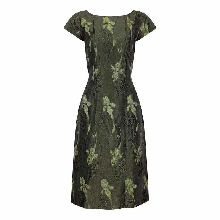 1960s Green Floral Metallic Brocade Dress