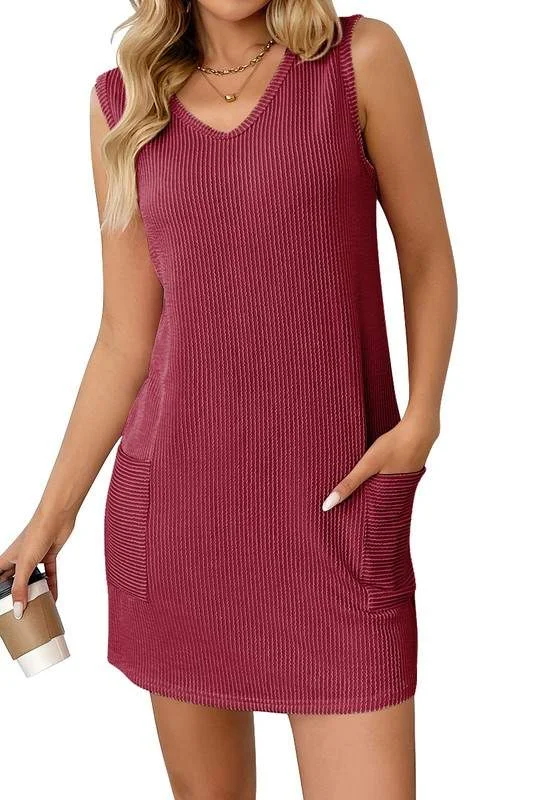 RIBBED V NECK TUNIC DRESS