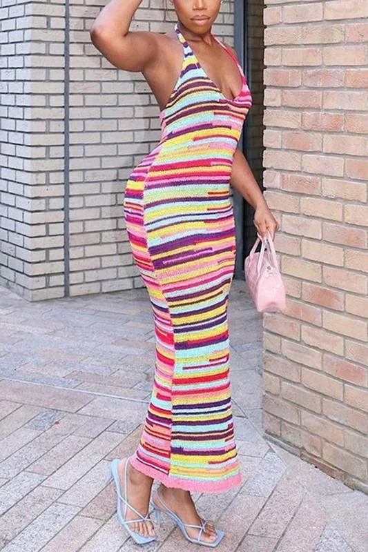 RAINBOW STRIPE KNITTED LONG DRESS