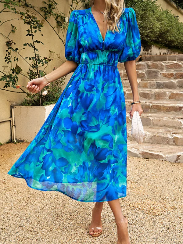 Blue Zone Planet |  Elegant waist V-neck holiday bohemian print dress